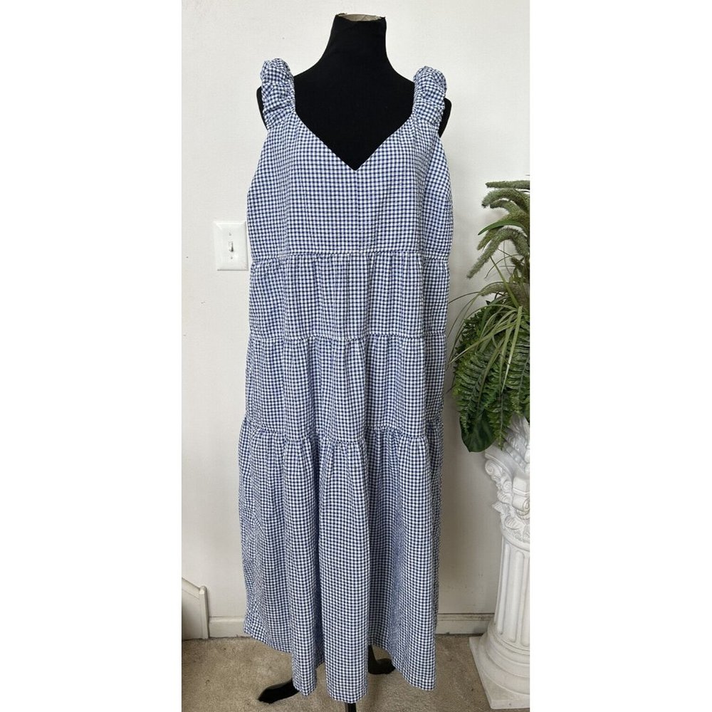 Old Navy Blue White Gingham Baby Doll Puff Sleeveless Tiered Maxi Dress 2XL